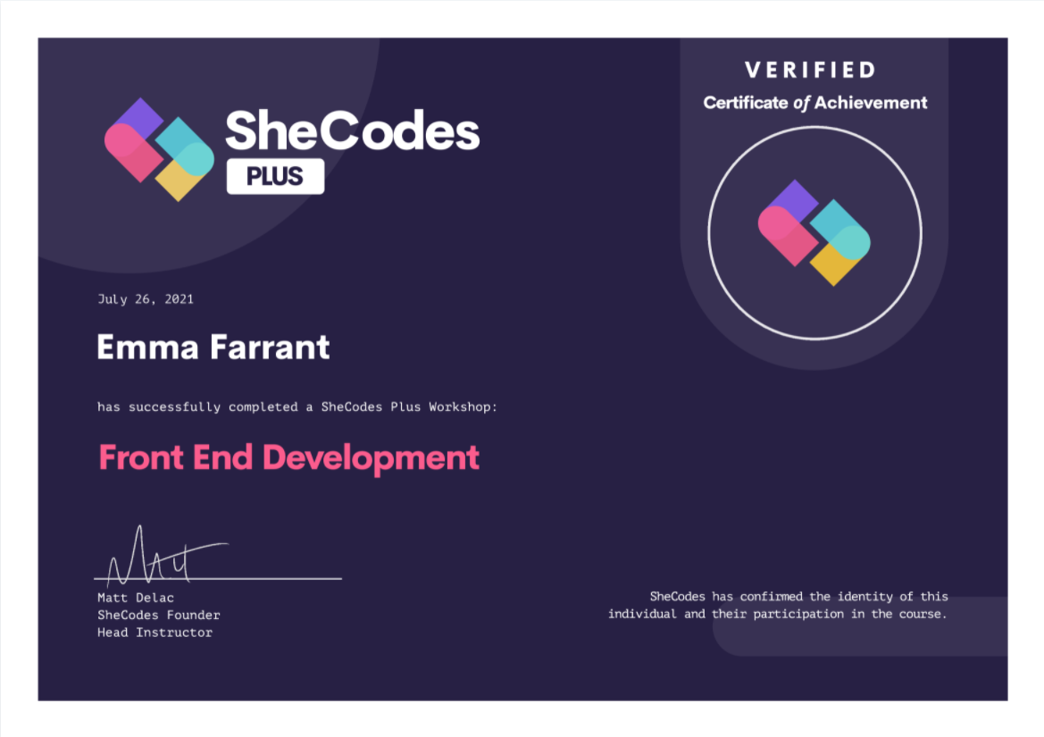 SheCodes Plus Certificate